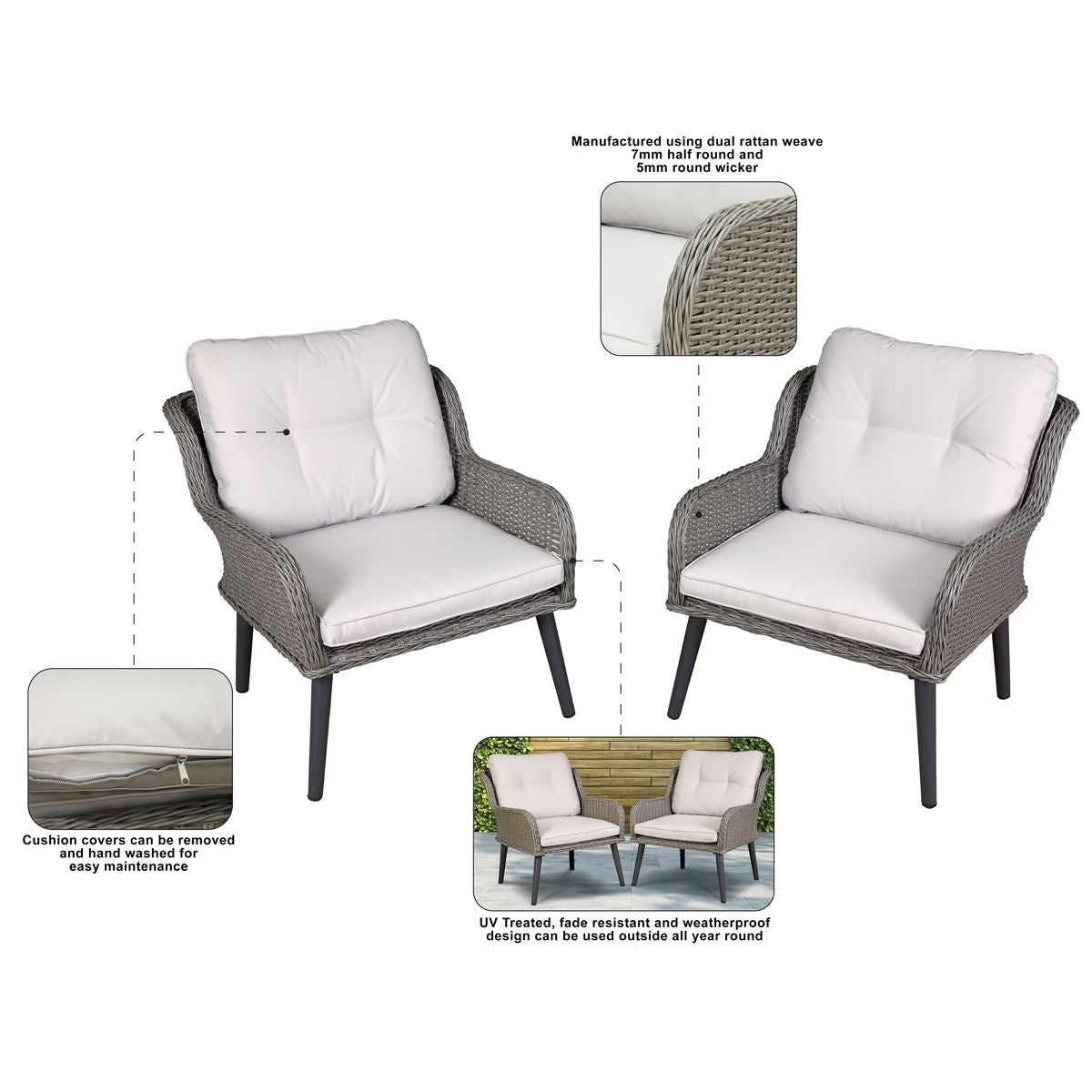 Dellonda Buxton Rattan Wicker Outdoor Lounge Chairs with Cushion Grey DG79