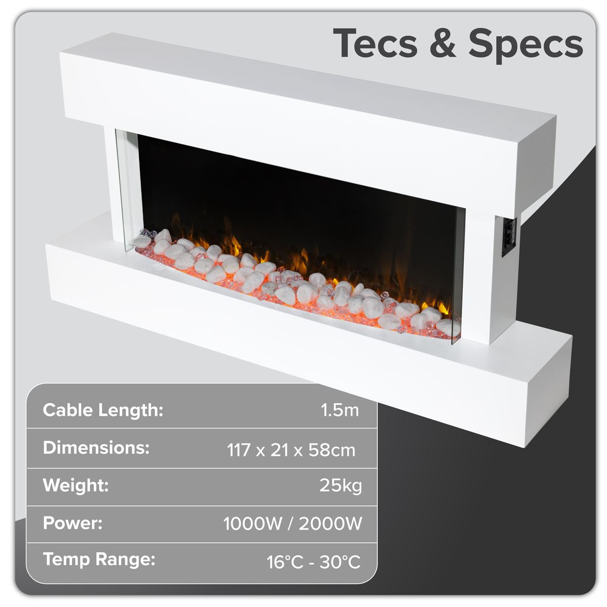 Sealey Baridi 46" Electric Fireplace Wall Mounting 1000W 2000W LED White DH113