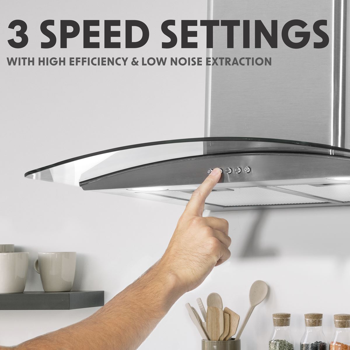 Baridi 60cm Curved Glass Cooker Hood Carbon Filters LED Lights Stainless DH128