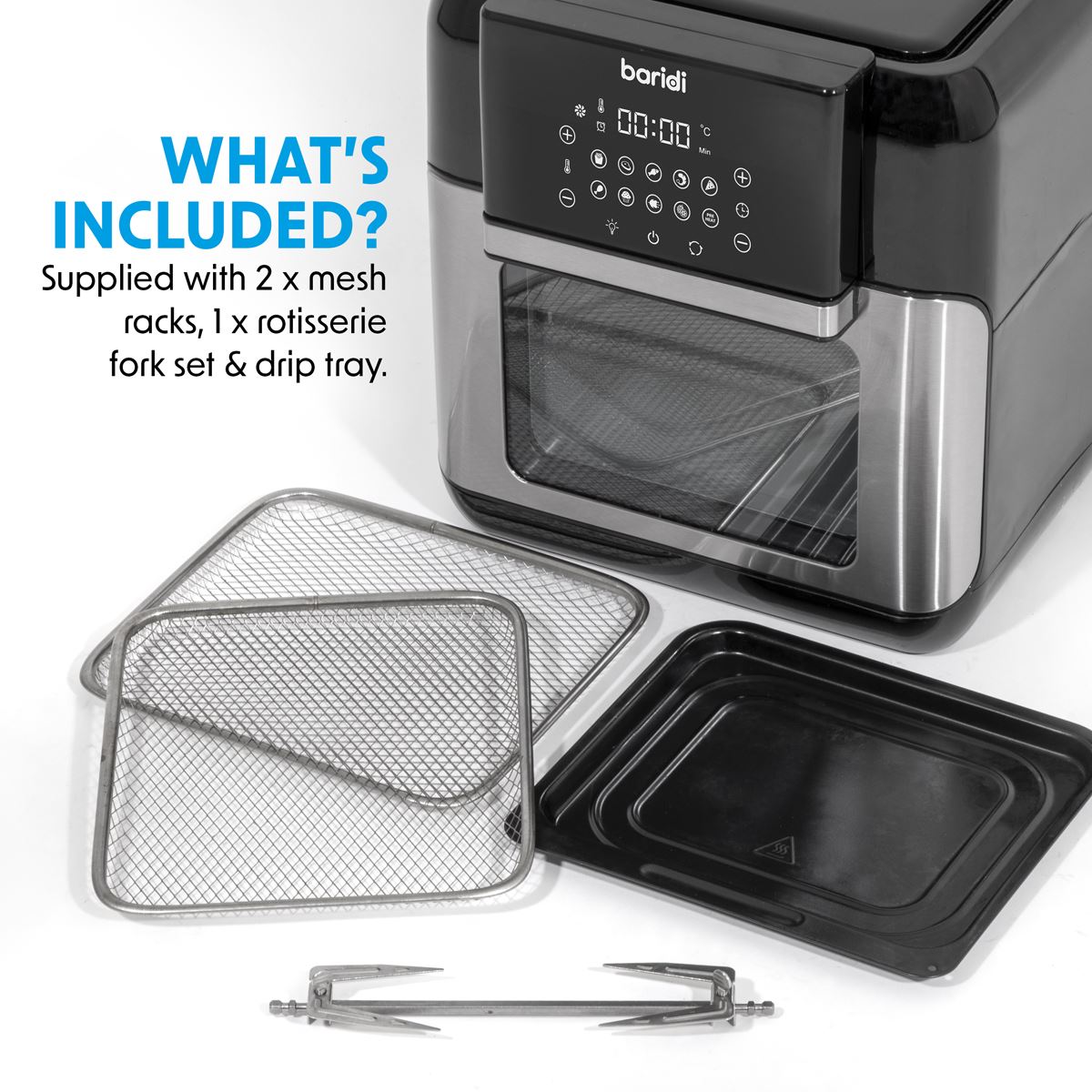 Baridi Air Fryer and Rotisserie 10 Preset Programs 1500W 12L Black Silver DH170