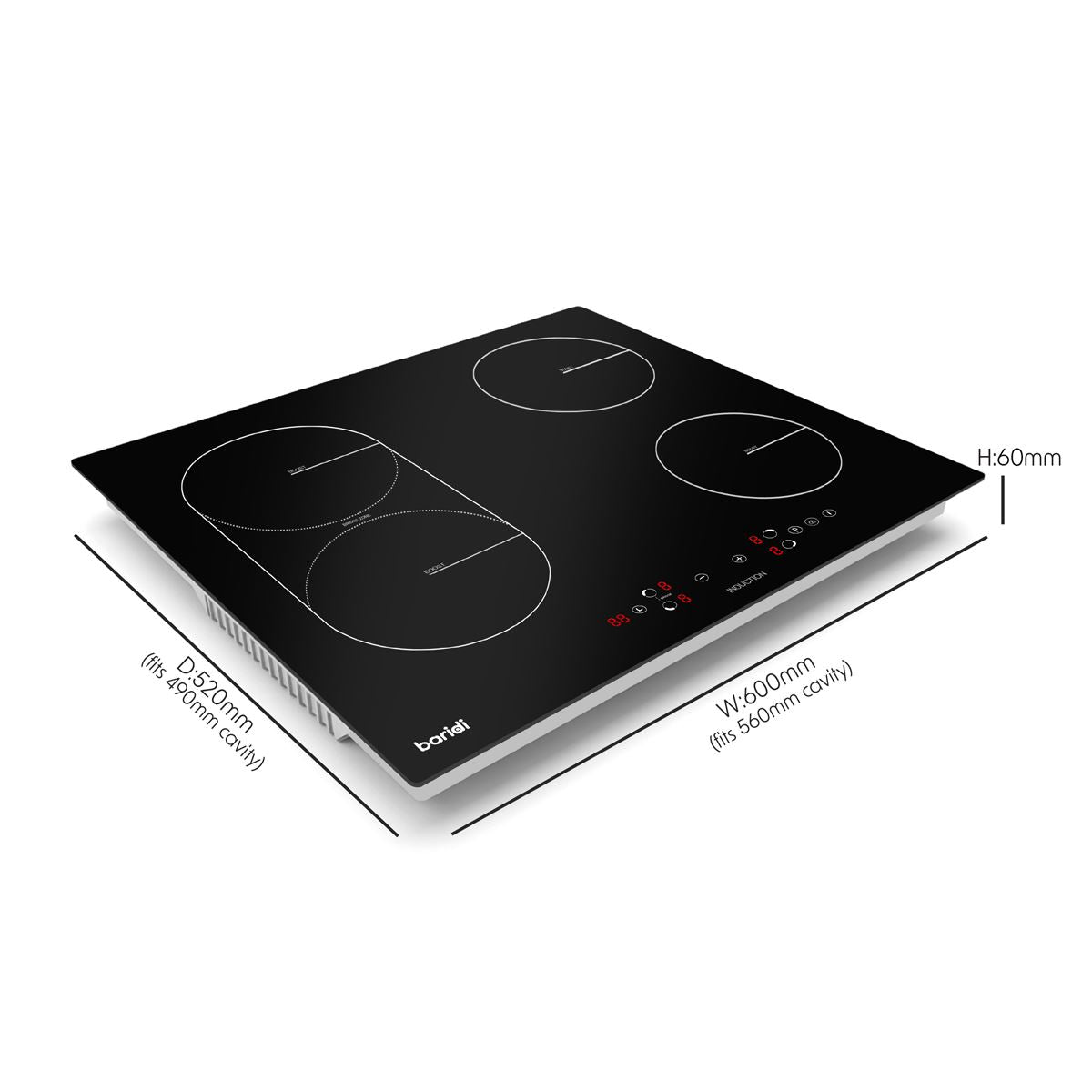Sealey Baridi 60cm Built-In Induction Hob with Bridge Zone, 4 Cooking Zones, 2800W, Boost Function, 9 Power Levels, Touch Control & Timer DH178