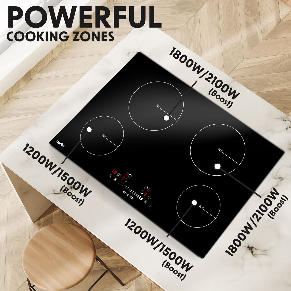 Sealey Baridi 77cm Built-In Induction Hob with 4 Cooking Zones, 7200W, Boost Function, 9 Power Levels, Touch Control & Timer, Hardwired DH179
