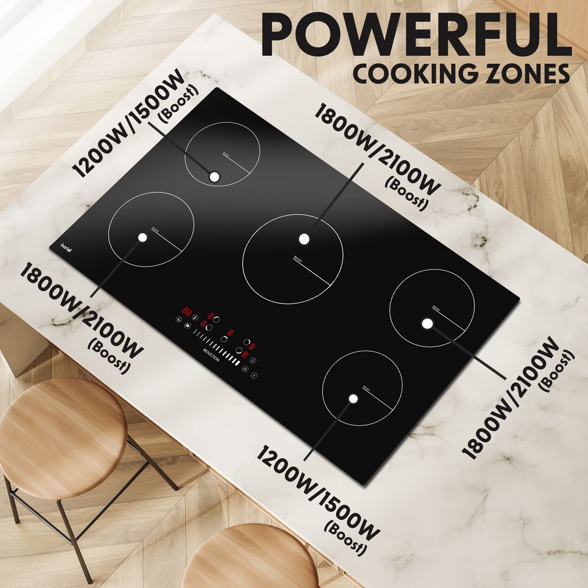 Sealey Baridi 90cm Built-In Induction Hob with 5 Cooking Zones, 9300W, Boost Function, 9 Power Levels, Slider Touch Control, Hardwired DH180