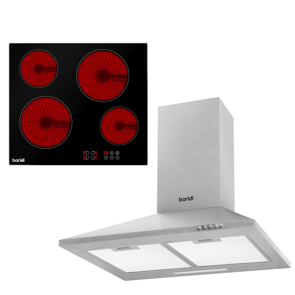 Sealey Baridi Integrated Ceramic Hob with 4 Cooking Zones 60cm & Cooker Hood with Carbon Filters 60cm DH181
