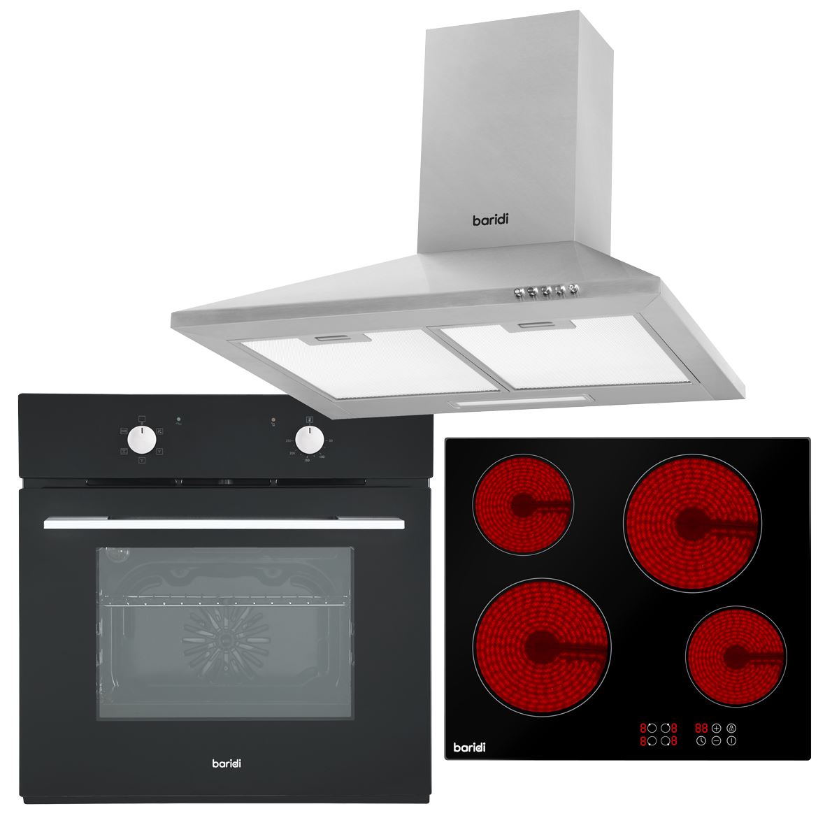 Sealey Baridi Integrated Ceramic Hob with 4 Cooking Zones, Integrated Fan-Assisted Electric Oven & Cooker Hood with Carbon Filters DH185