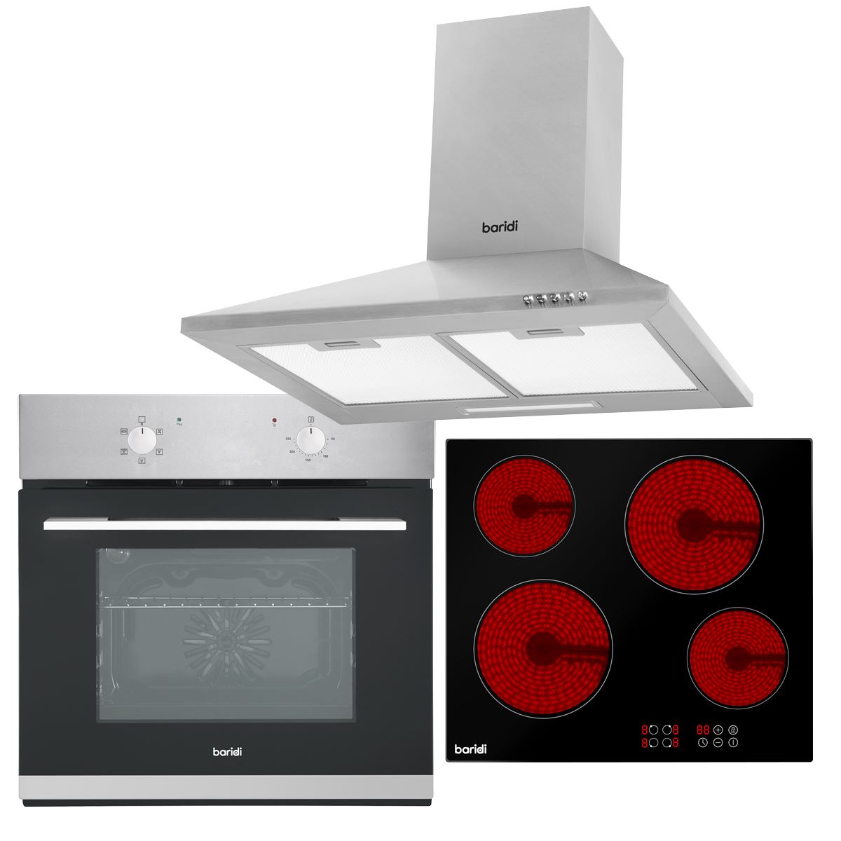 Sealey Baridi Integrated Ceramic Hob with 4 Cooking Zones, Integrated Fan-Assisted Electric Oven & Cooker Hood with Carbon Filters DH188