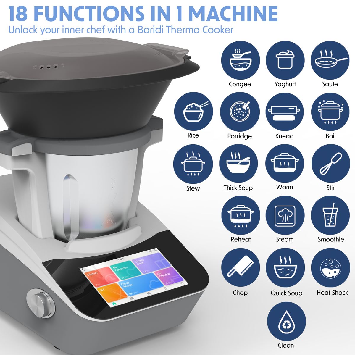 Baridi Smart Kitchen Robot Thermo Cooker 18 Preset Functions Touch Screen DH189
