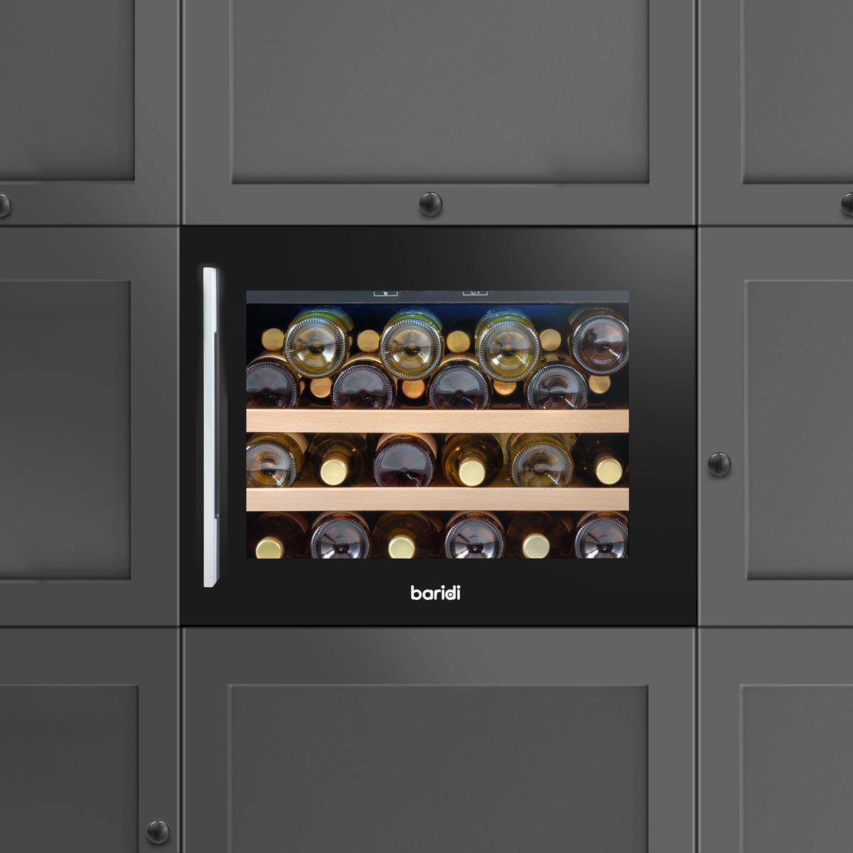 Baridi 60cm Built In 28 Bottle Wine Cooler Beech Wood Shelves Black DH205