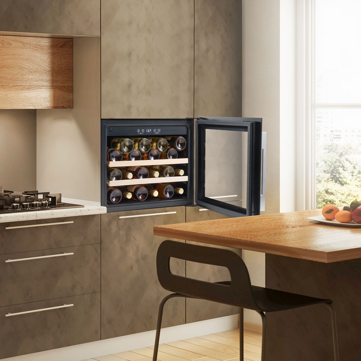 Baridi 60cm Built In 28 Bottle Wine Cooler Beech Wood Shelves Black DH205