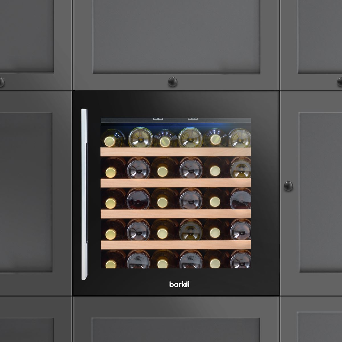 Baridi 60cm Built In 36 Bottle Wine Cooler Beech Wood Shelves Black DH206
