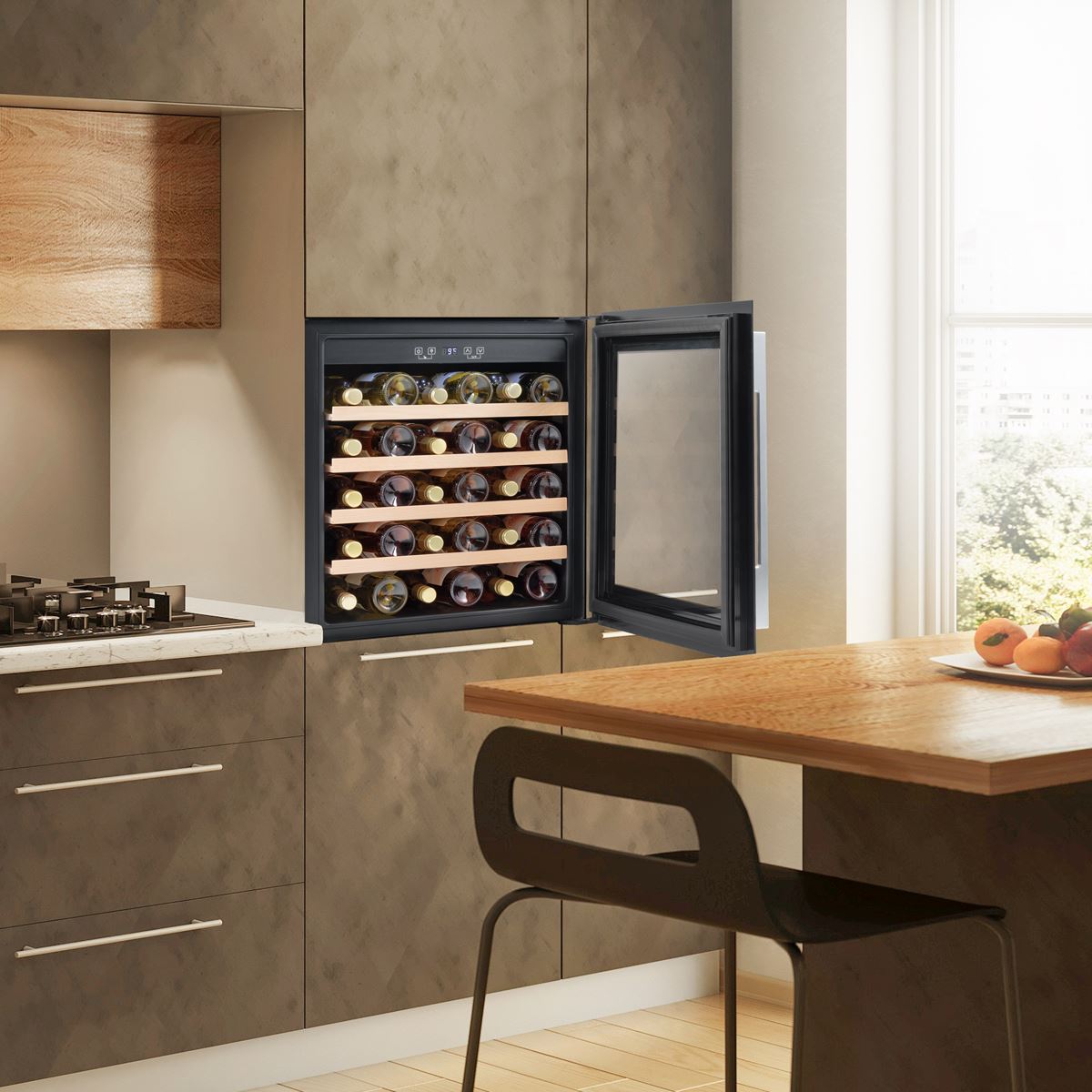 Baridi 60cm Built In 36 Bottle Wine Cooler Beech Wood Shelves Black DH206