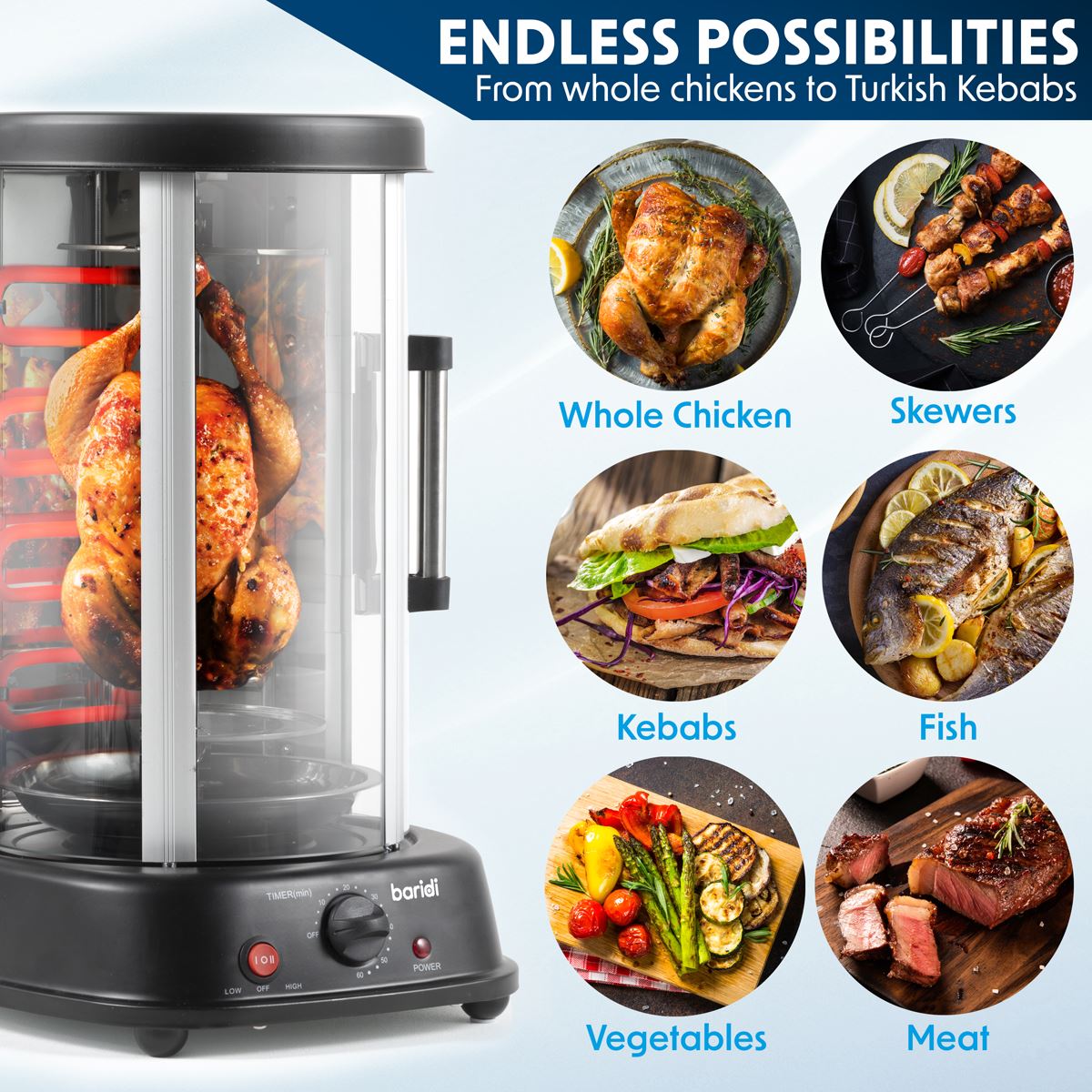 Baridi Rotisserie Grill Kebabs Gyros Skewers Roasts 1500W 21L Black 230V DH216