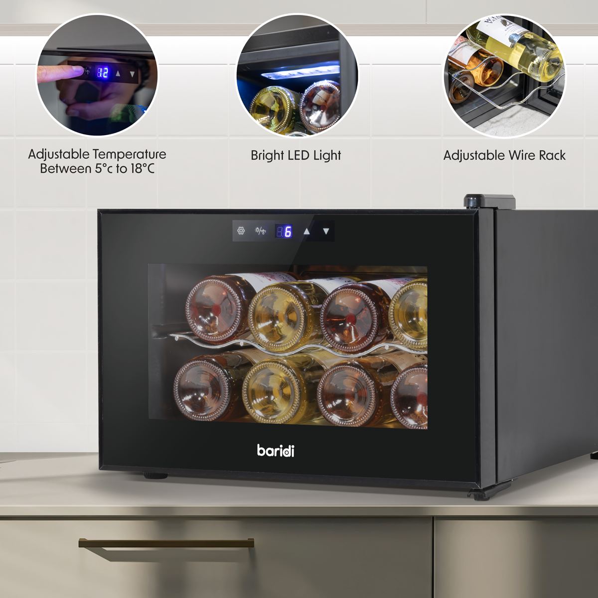 Baridi 8 Bottle Wine Cooler Thermoelectric 5-18 C Touch Control DH218