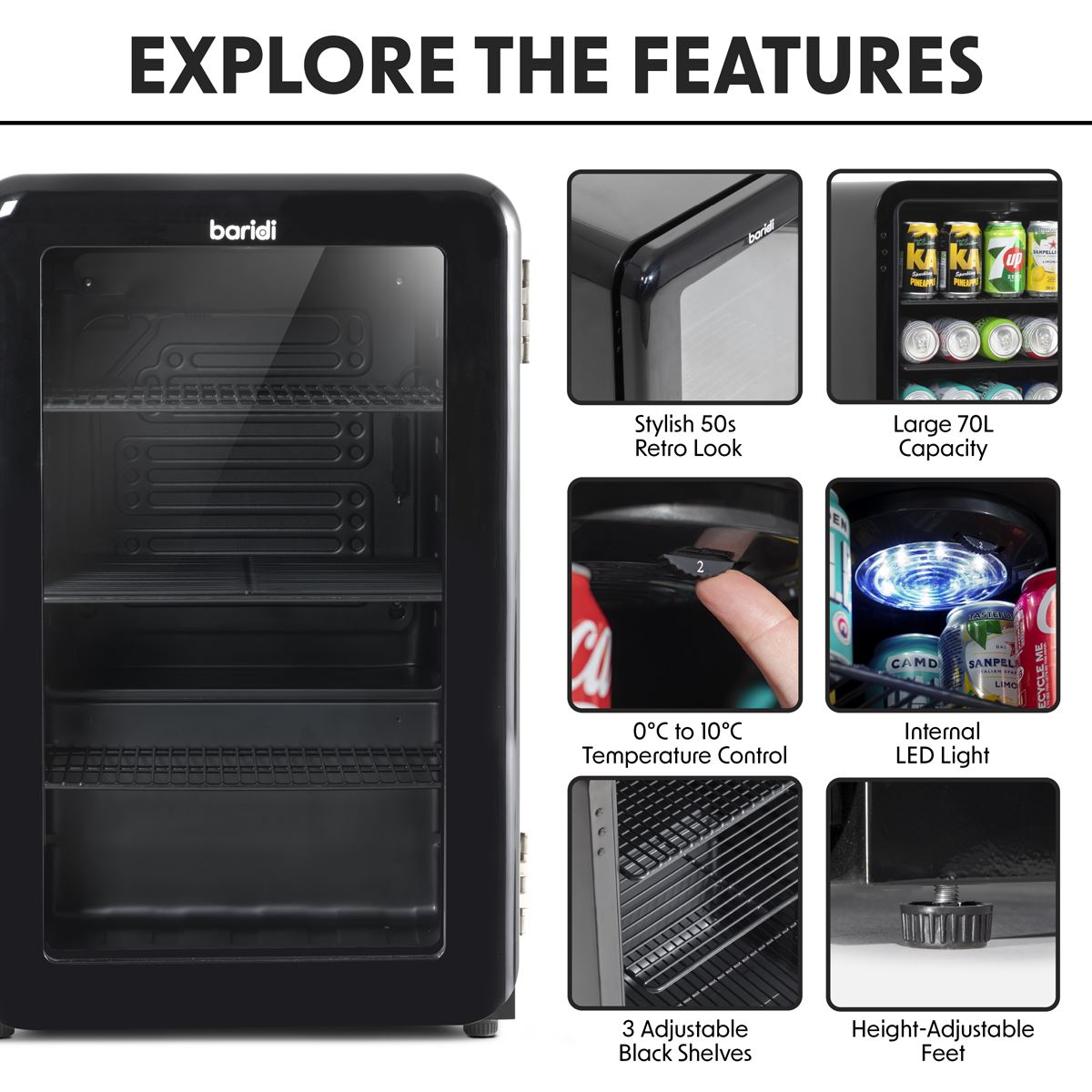 Baridi 70L Under Counter Drinks Beer & Wine Cooler Fridge Retro Black DH222