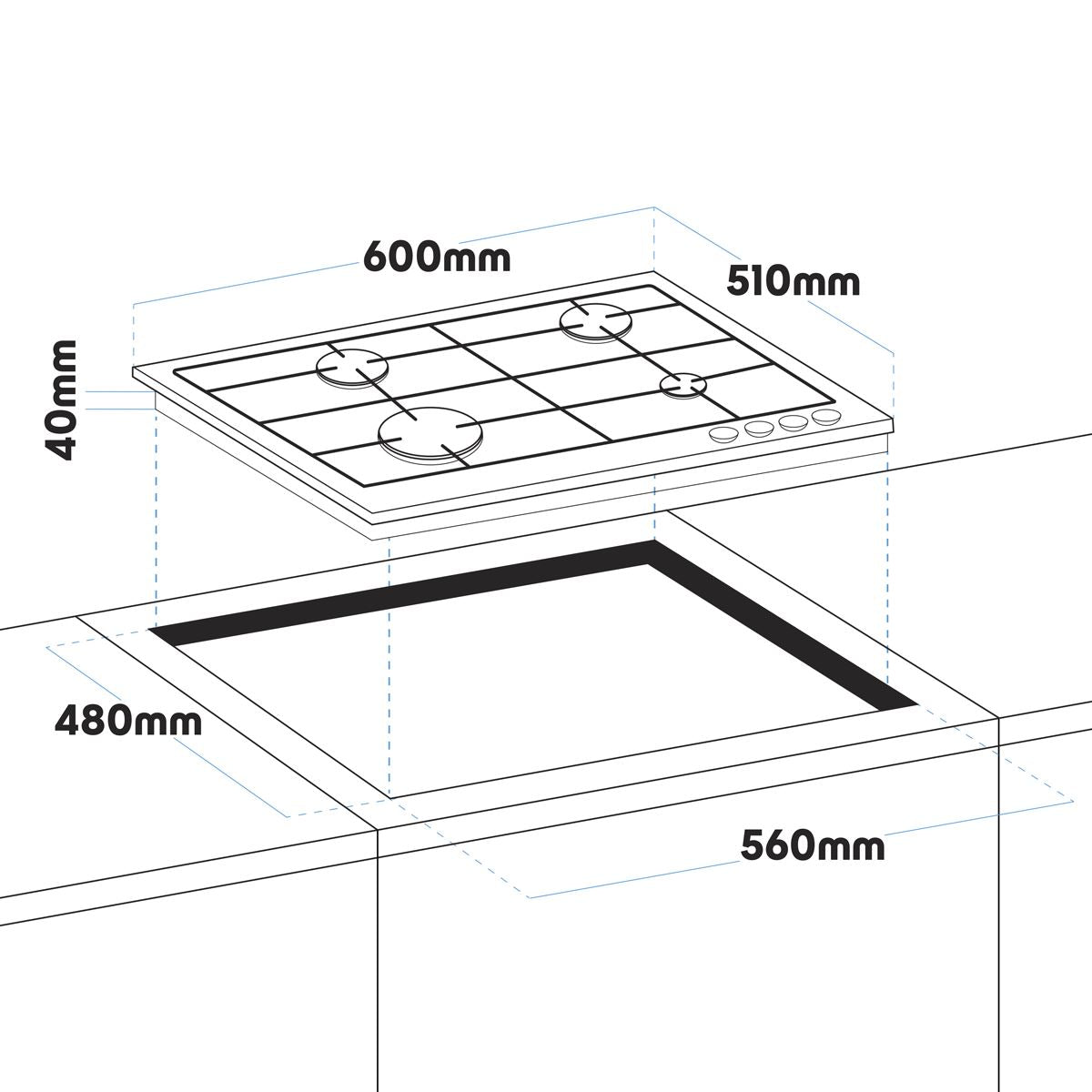 Baridi Gas Hob with 4 Cooking Zones 60cm Black High Performance Burners DH226