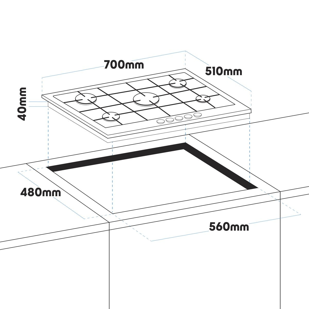 Baridi Gas Hob 5 Cooking Zones Stainless Steel W x D x H - 70 x 51 x 4 DH227