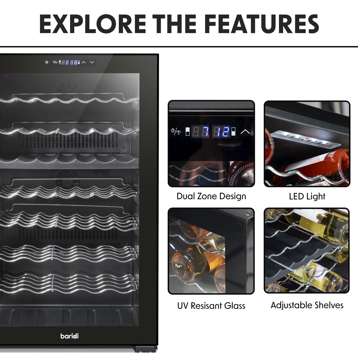 Baridi 52 Bottle Dual Zone Wine Cooler Fridge Touch Screen LED Black DH236