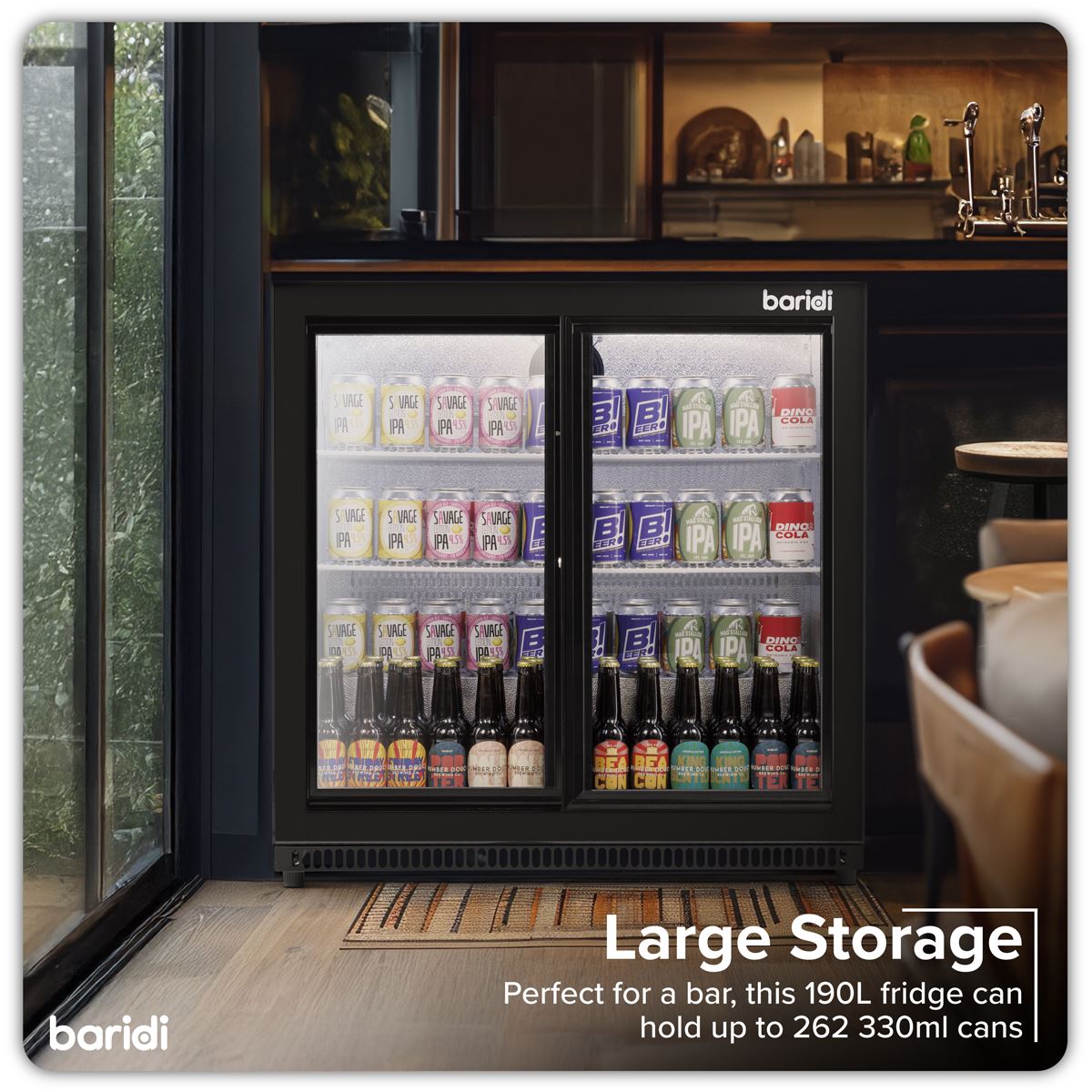 Baridi Back Bar Drinks Fridge Cooler Double Sliding Doors 190L Capacity DH273