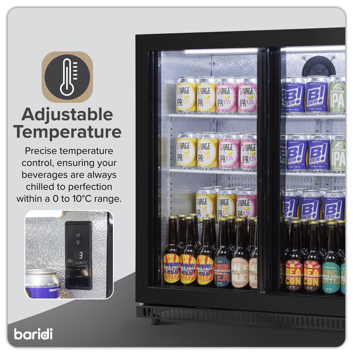 Baridi Back Bar Drinks Fridge Cooler Double Sliding Doors 190L Capacity DH273