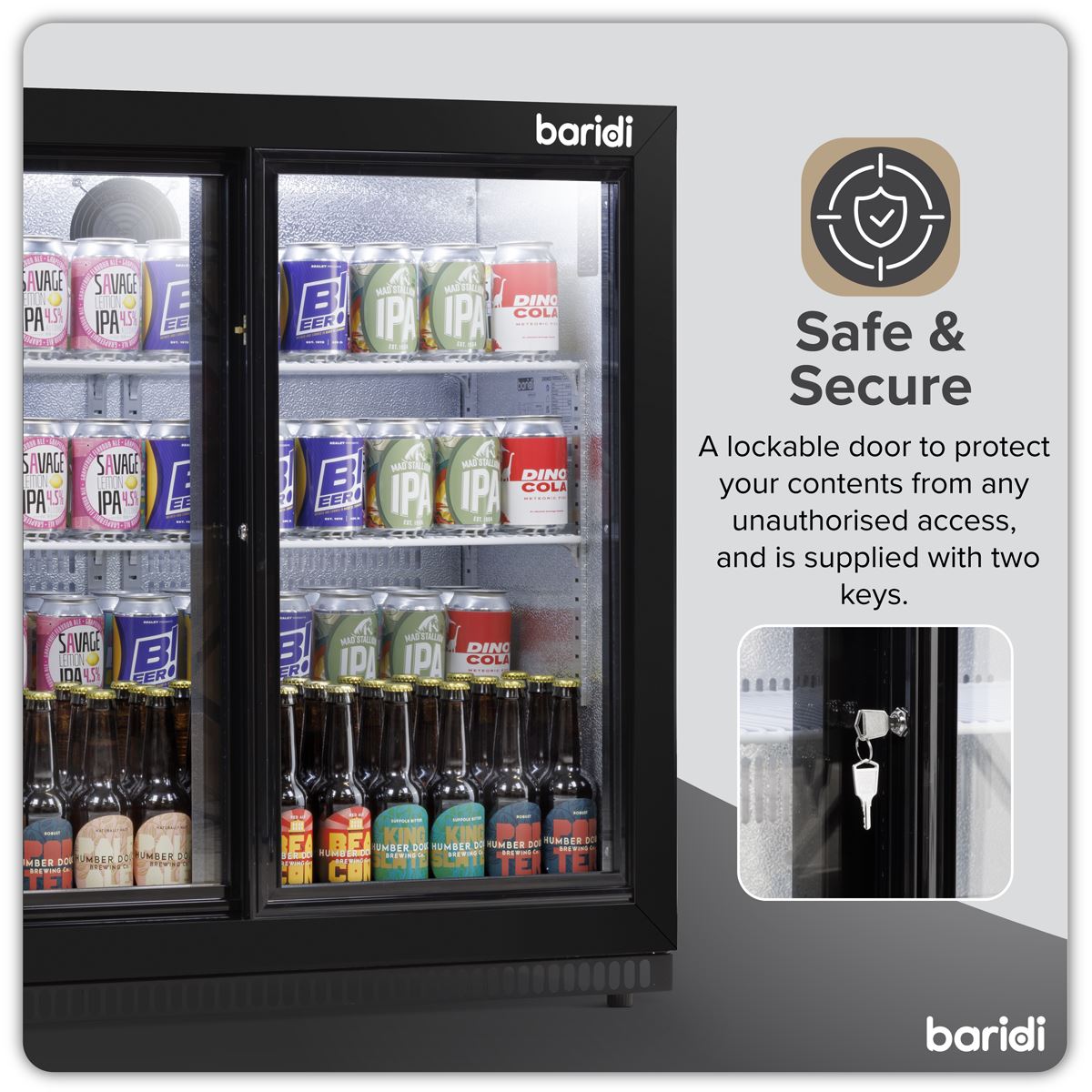 Baridi Back Bar Drinks Fridge Cooler Double Sliding Doors 190L Capacity DH273