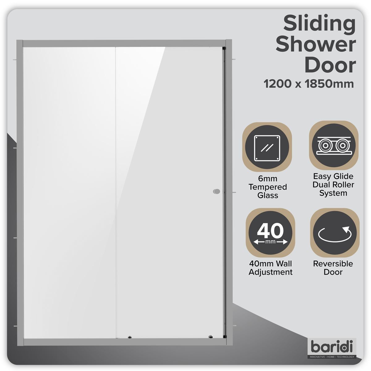 Baridi Sliding Shower Door 1200 x 1850mm 6mm Glass Reversible Chrome DH294