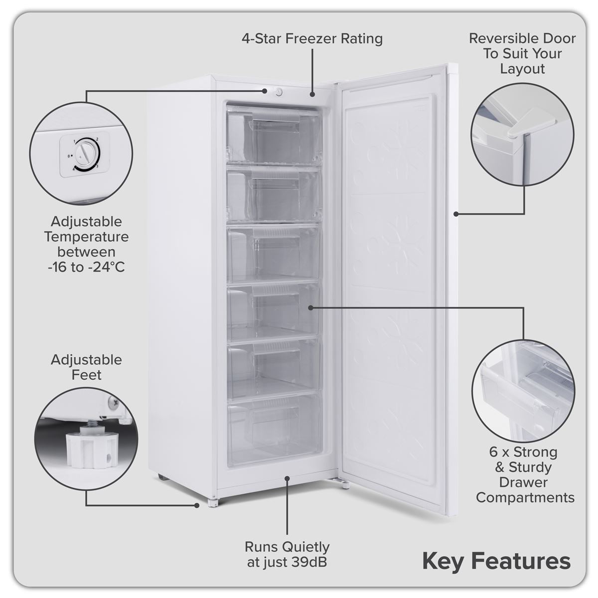 Sealey Baridi Freestanding Tall Freezer 177L White 4 Drawer DH324