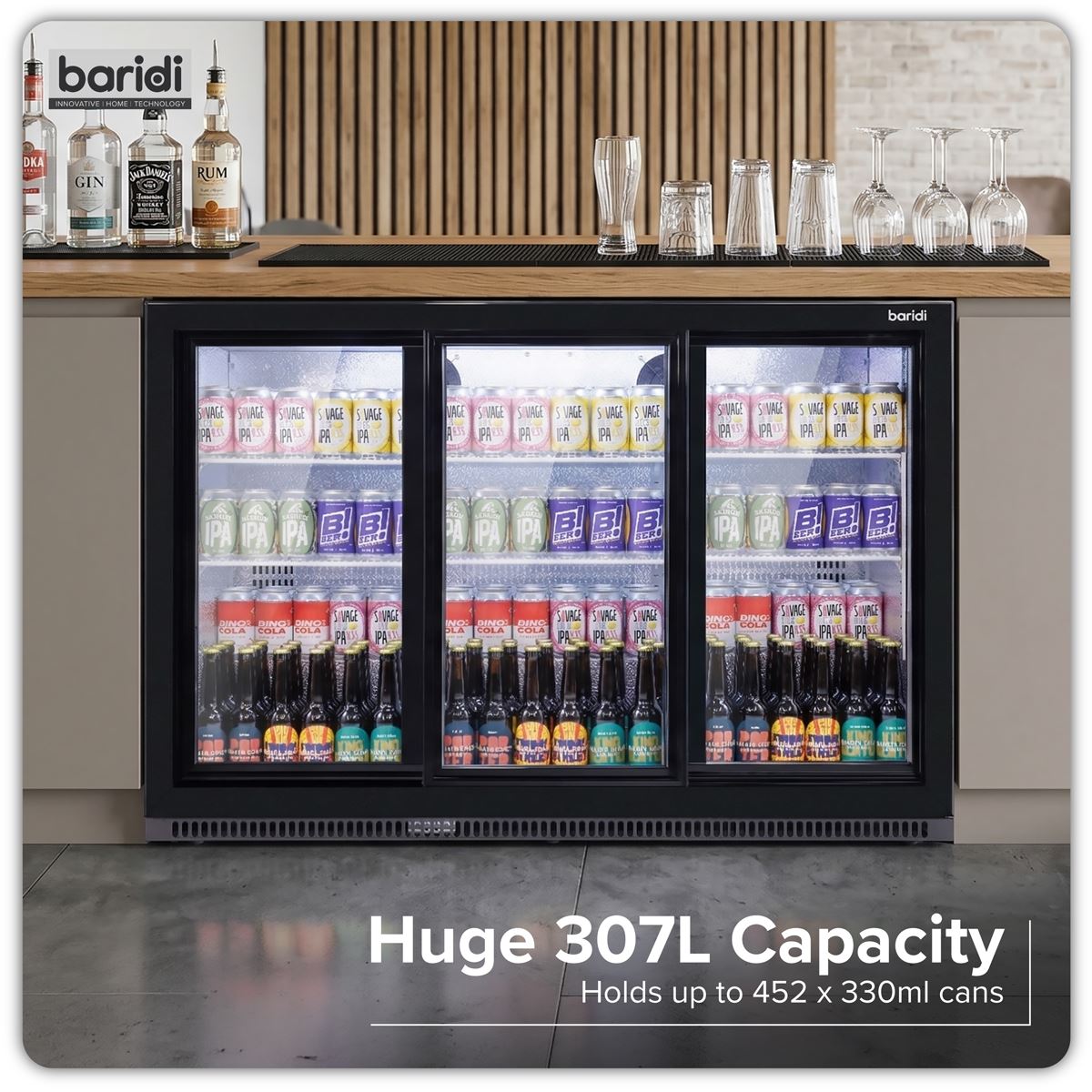 Sealey Baridi Sliding Triple Door, Back Bar Drinks Fridge/Cooler, 307L Capacity DH337