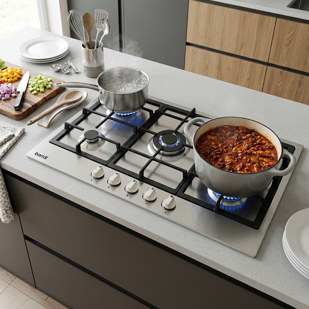 Sealey Baridi 90cm Gas Hob Stainless Steel with 5 Burners, Cast Iron Supports & Auto Ignition 11kW DH382