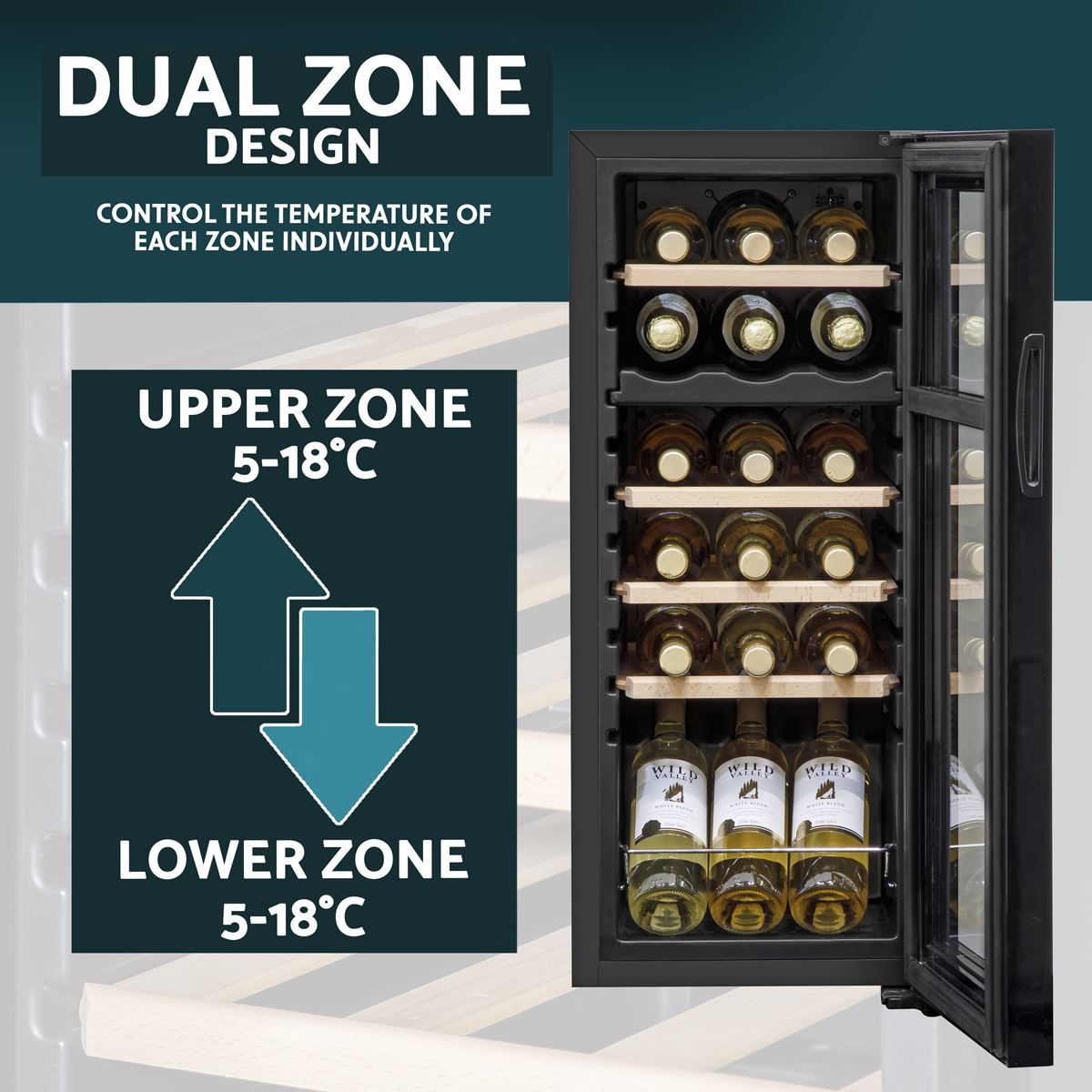 Baridi 18 Bottle Dual Zone Wine Cooler Fridge Digital Touch Screen Black DH89