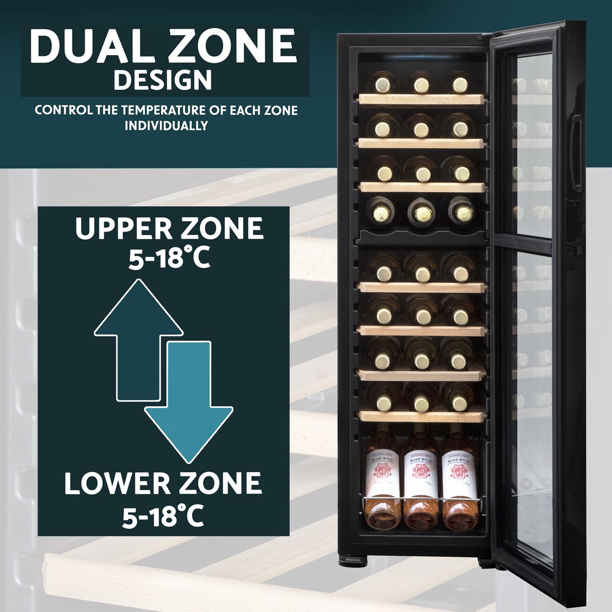 Baridi 27 Bottle Dual Zone Wine Cooler Fridge Digital Touch Screen Black DH90