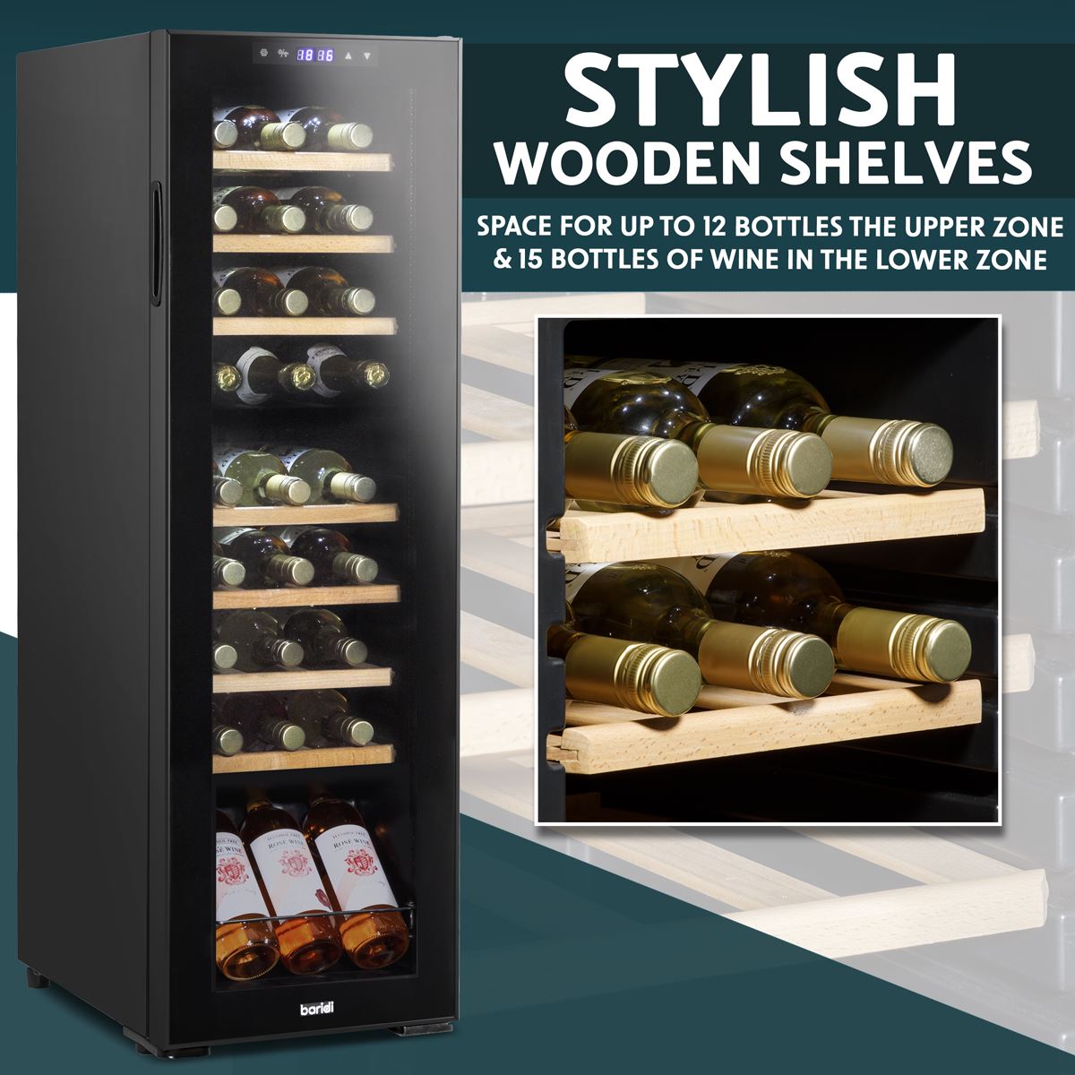 Baridi 27 Bottle Dual Zone Wine Cooler Fridge Digital Touch Screen Black DH90