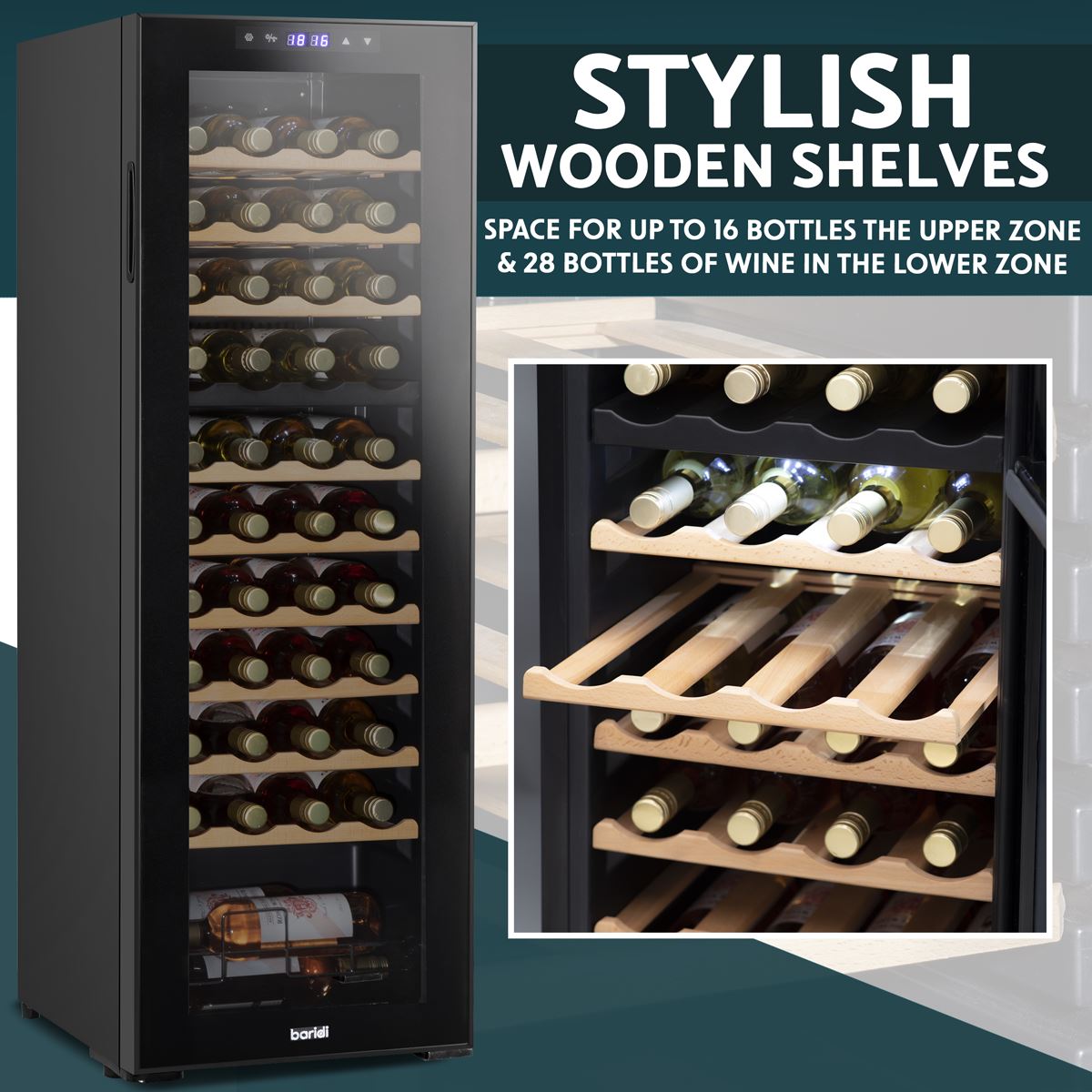 Baridi 44 Bottle Dual Zone Wine Cooler Fridge Digital Touch Screen Black DH92