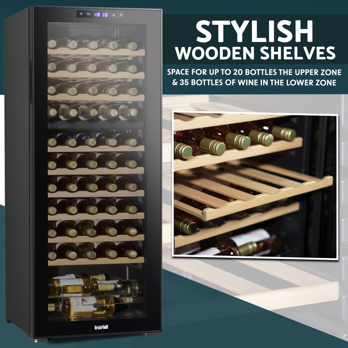 Baridi 55 Bottle Dual Zone Wine Cooler Fridge Digital Touch Screen Black DH93
