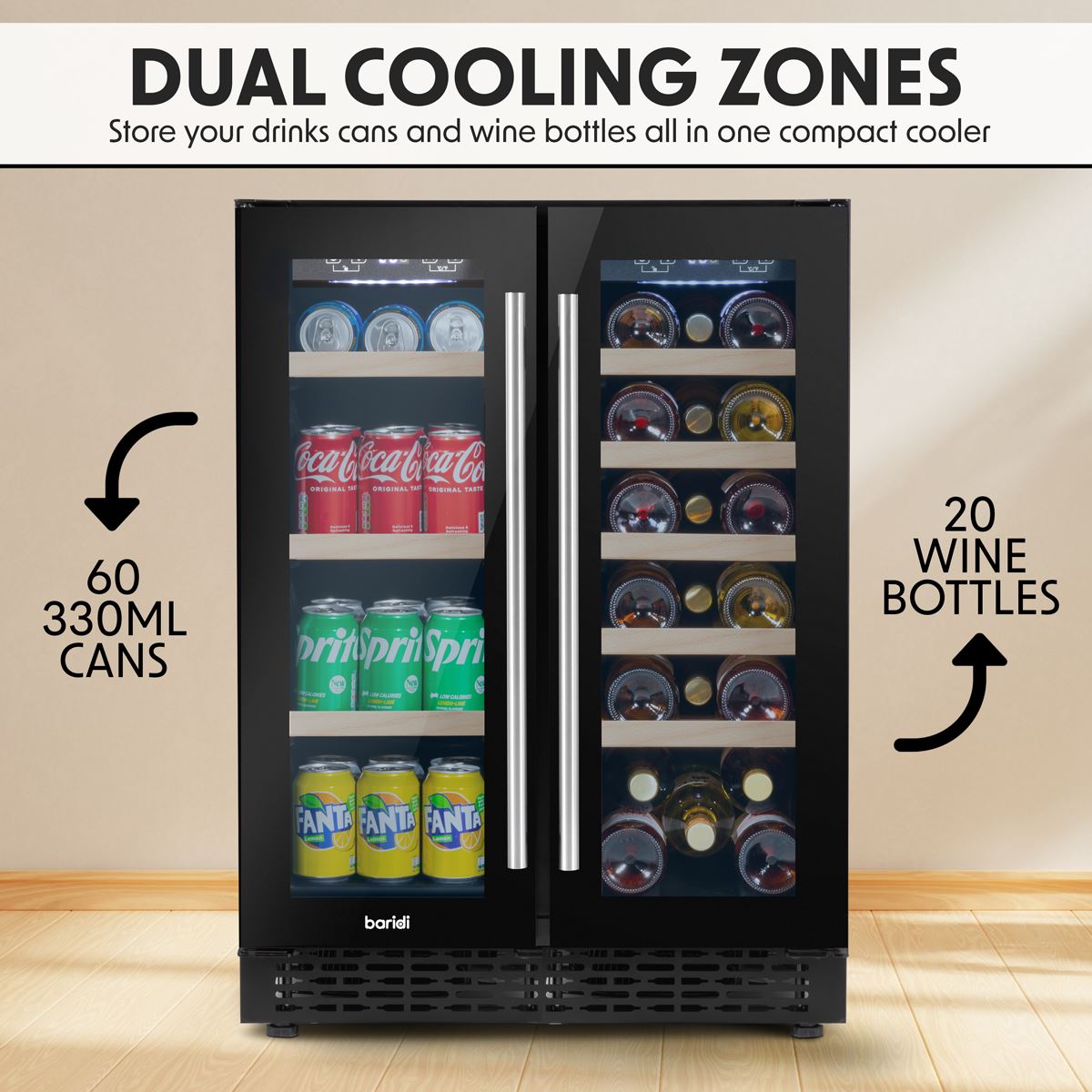 Baridi 60cm Dual Zone Wine Cooler and Drinks Fridge 40 Bottle 120 Can DH96