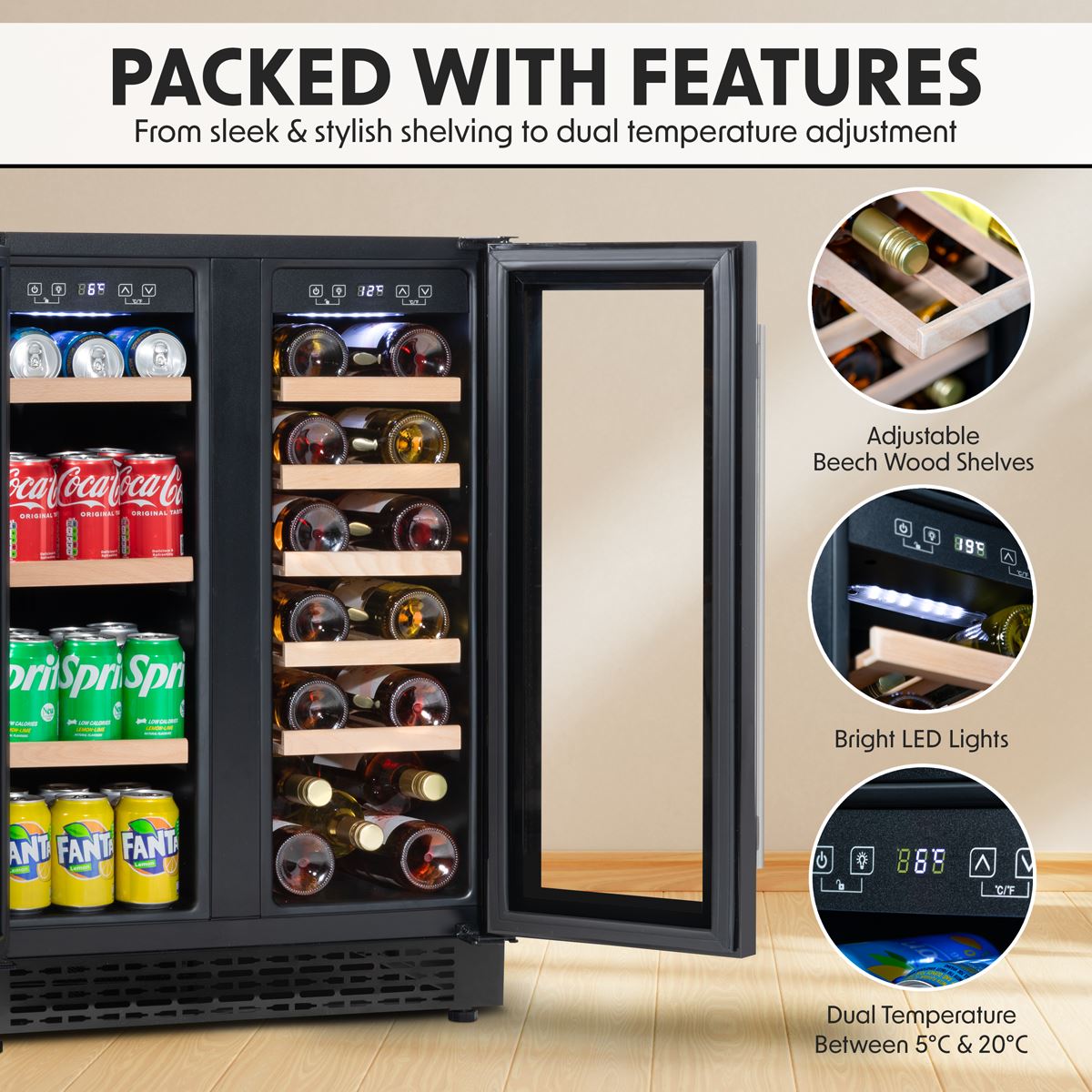 Baridi 60cm Dual Zone Wine Cooler and Drinks Fridge 40 Bottle 120 Can DH96