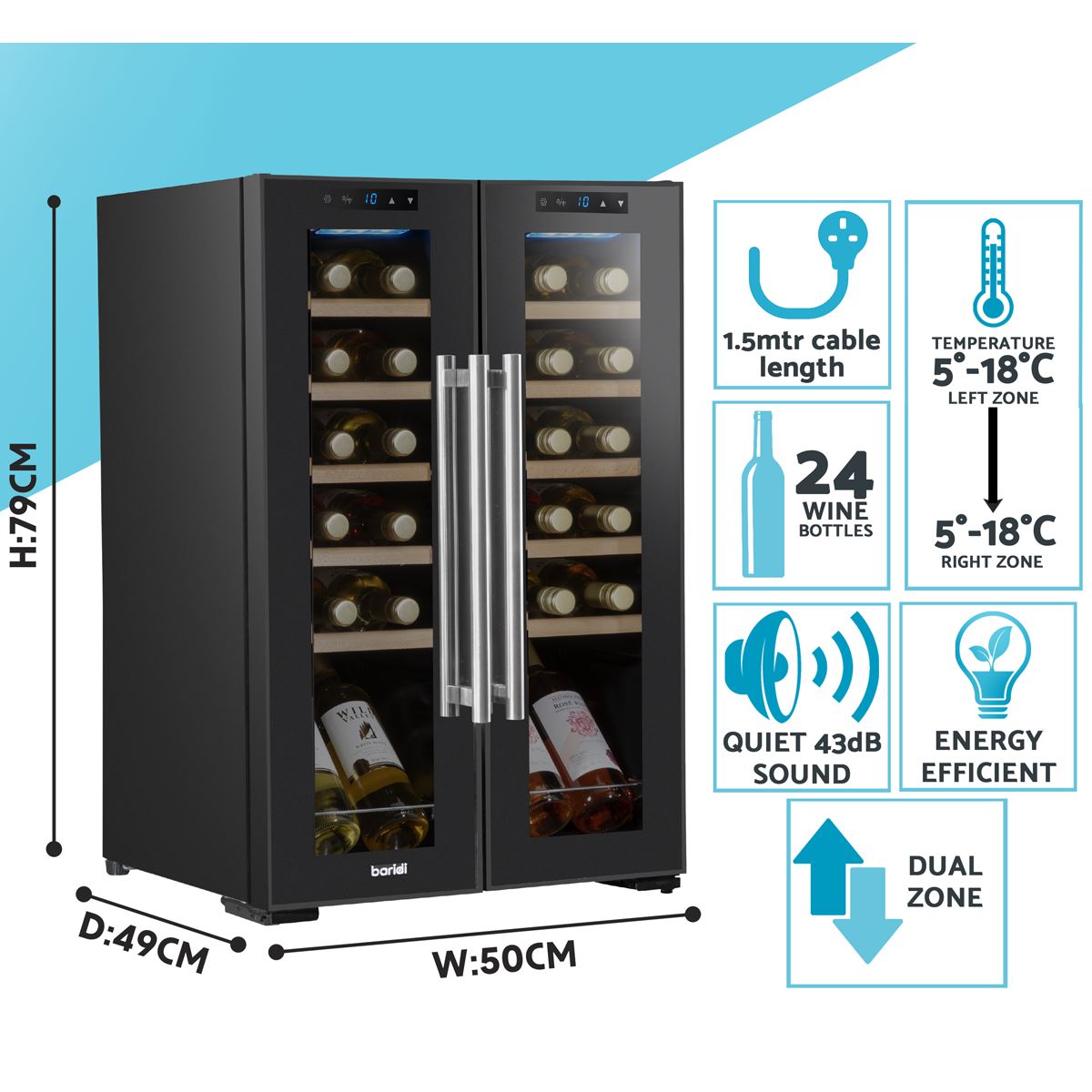 Baridi 24 Bottle Dual Zone Wine Cooler Fridge Touch Screen LED Light Black DH97