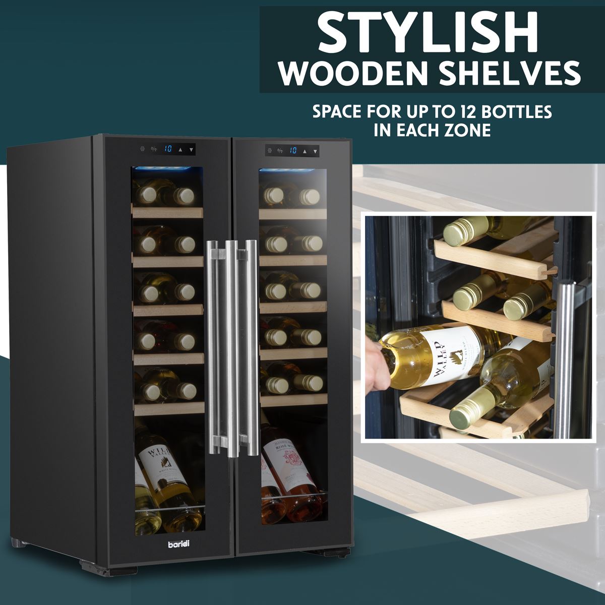 Baridi 24 Bottle Dual Zone Wine Cooler Fridge Touch Screen LED Light Black DH97