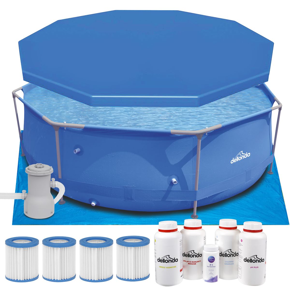 Sealey Dellonda Steel Frame Round Swimming Pool & Filter Pump with Cover, Ground Sheet, Test Strips, Starter Kit & Filters 10ft - Blue DL137