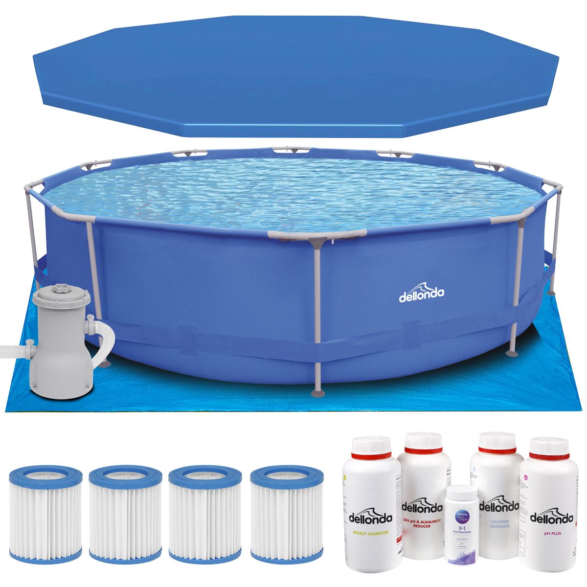 Sealey Dellonda Steel Frame Round Swimming Pool & Filter Pump with Cover, Ground Sheet, Test Strips, Starter Kit & Filters 12ft - Blue DL138