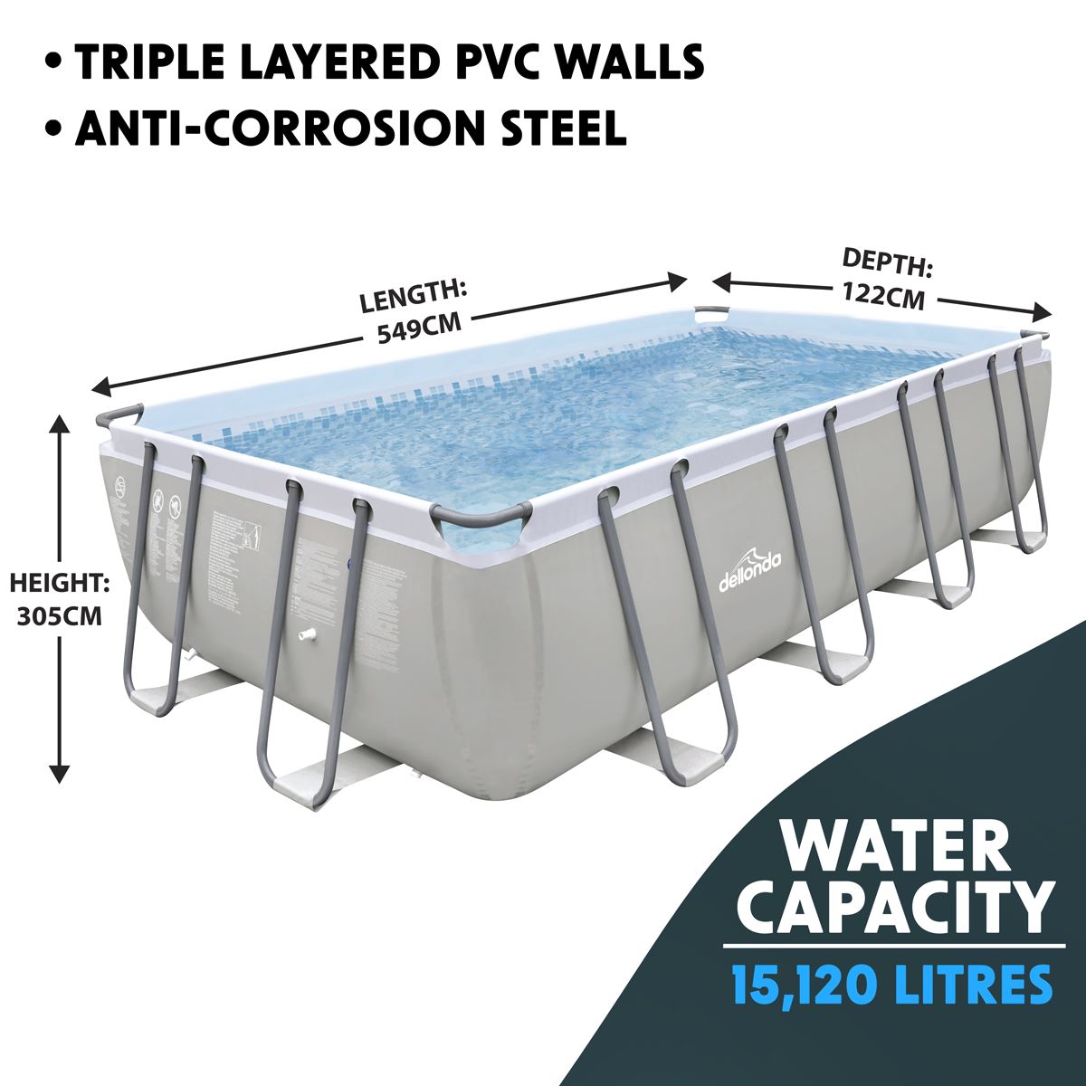 Dellonda 18ft Deluxe Steel Frame Swimming Pool Rectangular & Filter Pump DL22