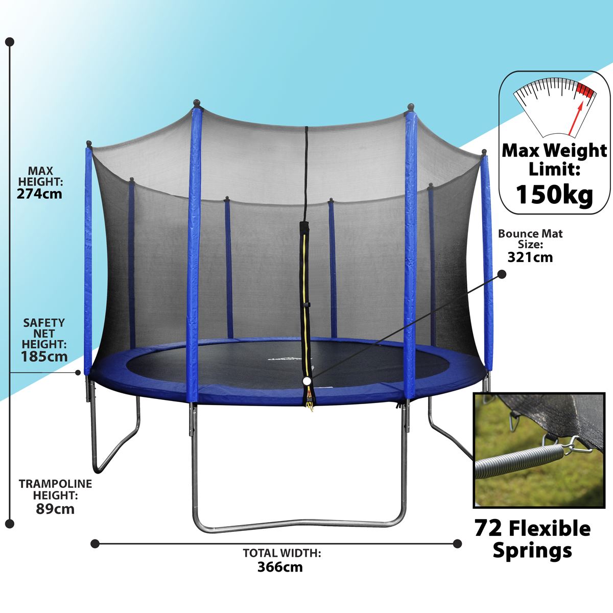Sealey Dellonda 12ft Heavy-Duty Outdoor Trampoline with Safety Enclosure Net DL69