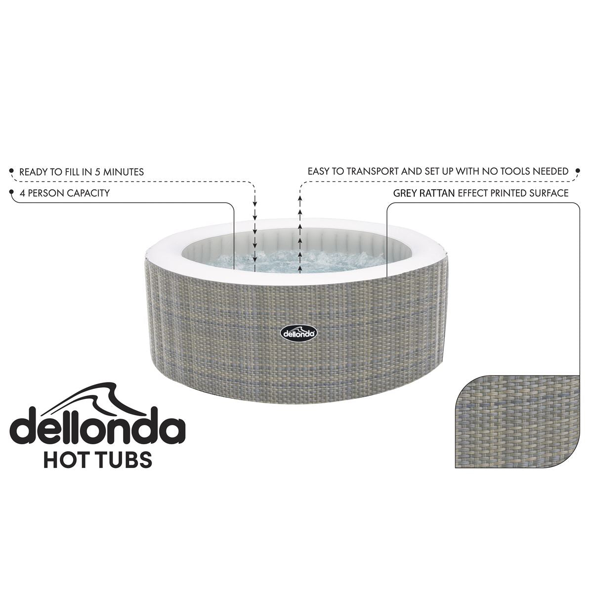 Sealey Dellonda 2-4 Person Inflatable Hot Tub Spa with Smart Pump - Rattan Effect DL90