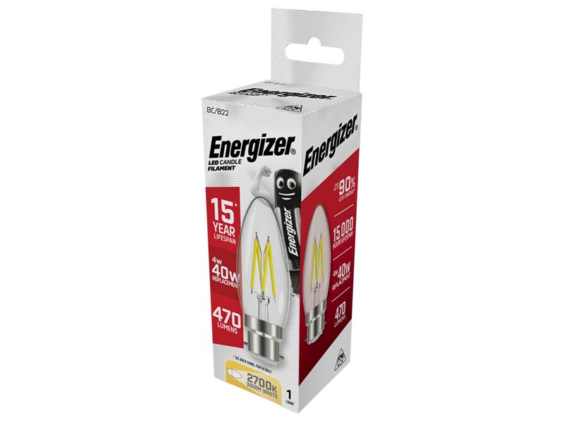 Energizer® LED BC (B22) Candle Filament Non-Dimmable Bulb, Warm White 470 lm 4W ENGS12868