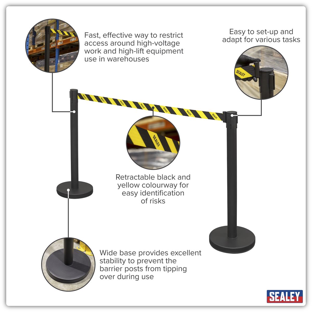 Sealey Retractable Safety Belt Barrier Post Set of 2 For Electric Vehicle EV23