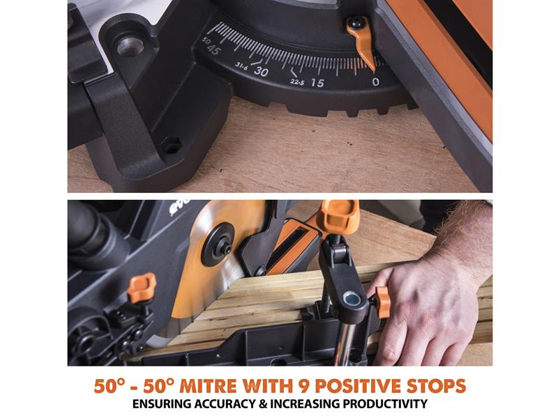 Evolution R210SMS-300+ Pro Multi-Material Sliding Mitre Saw 210mm 1500W 110V EVLR210S300L