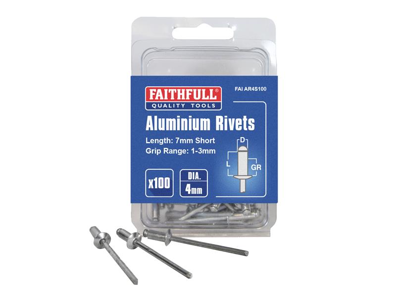 Faithfull Aluminium Rivets 4 x 7mm Short Pre-Pack of 100 FAIAR4S100