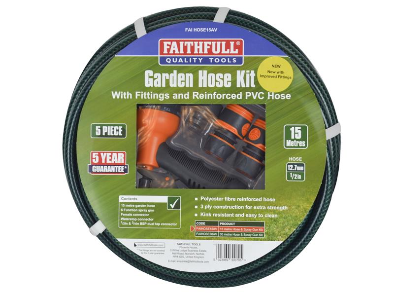 Faithfull PVC Reinforced Hose 15m Fittings & Spray Gun FAIHOSE15AV