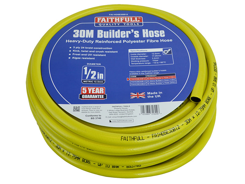Faithfull Heavy-Duty Reinforced Builder's Hose 30m 12.5mm (1/2in) Diameter FAIHOSE30B12