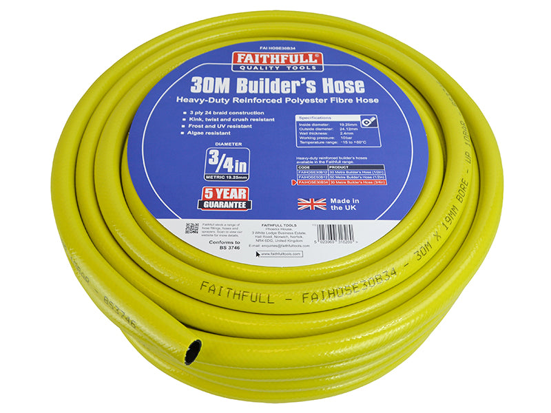 Faithfull Heavy-Duty Reinforced Builder's Hose 30m 19mm (3/4in) Diameter FAIHOSE30B34
