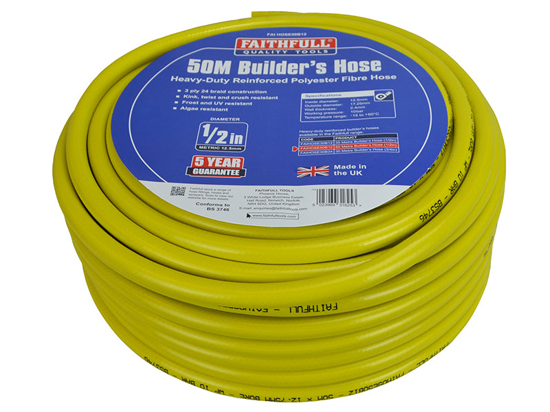 Faithfull Heavy-Duty Reinforced Builder's Hose 50m 12.5mm (1/2in) Diameter FAIHOSE50B12